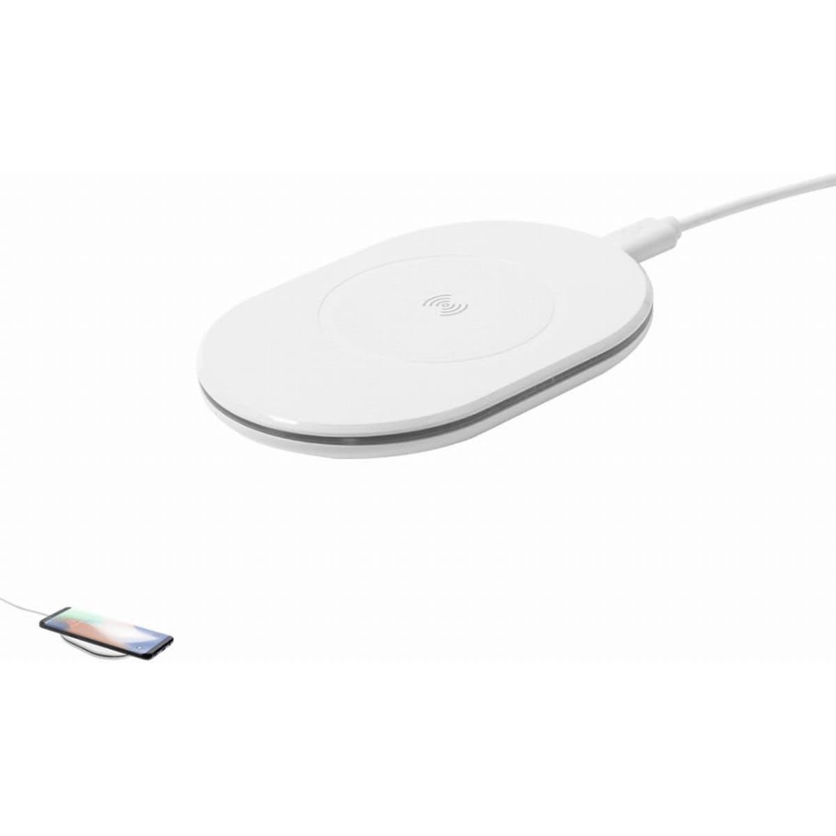 A wireless charger in white, featuring a smooth, oval design with a white cable attached.