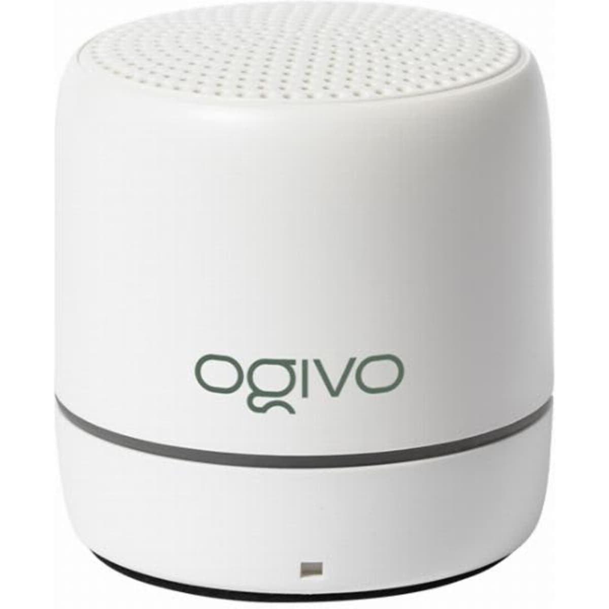 A white portable speaker with a smooth, rounded design and a logo on the front.