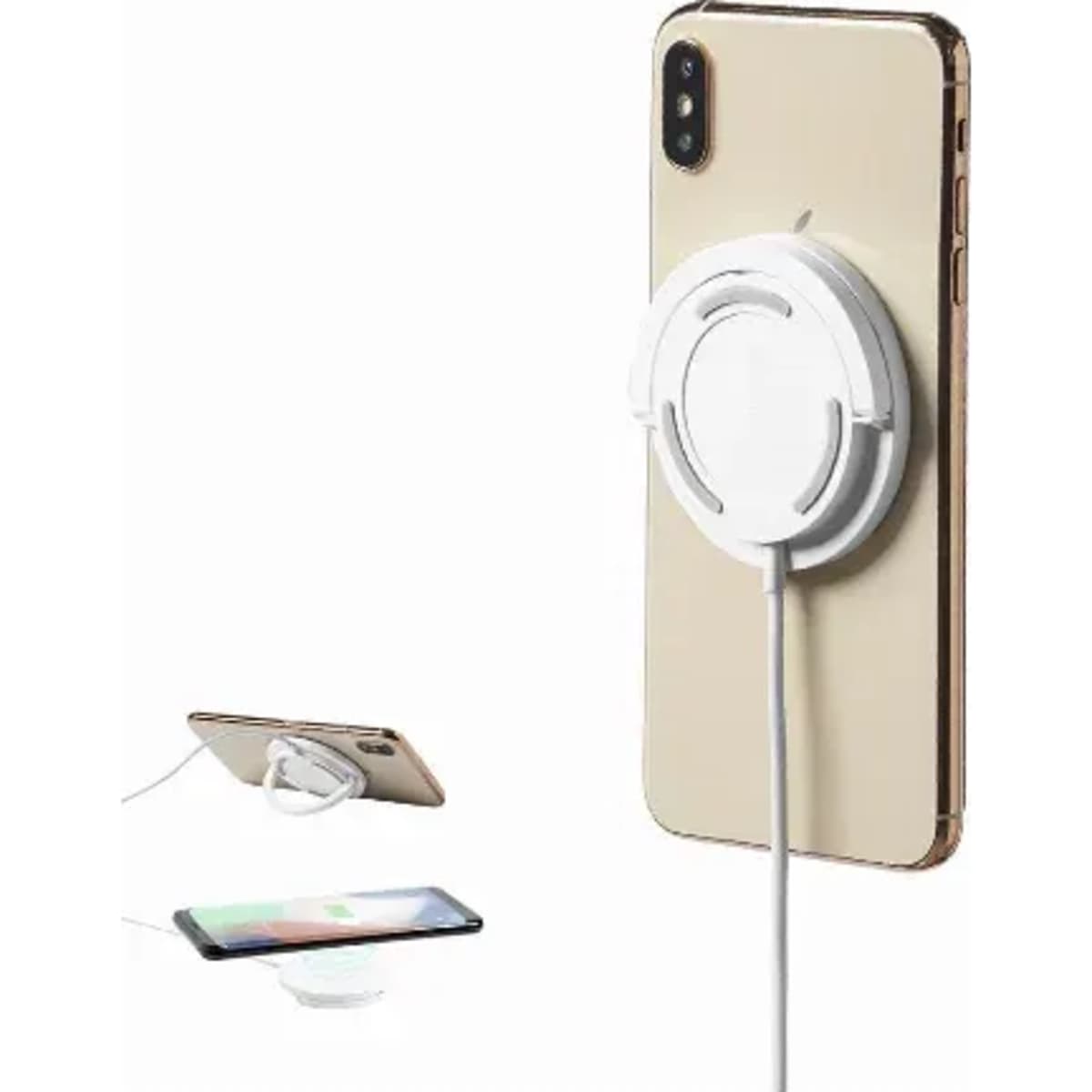 A wireless phone charger in white, positioned on the back of a gold smartphone, with a cable connected.