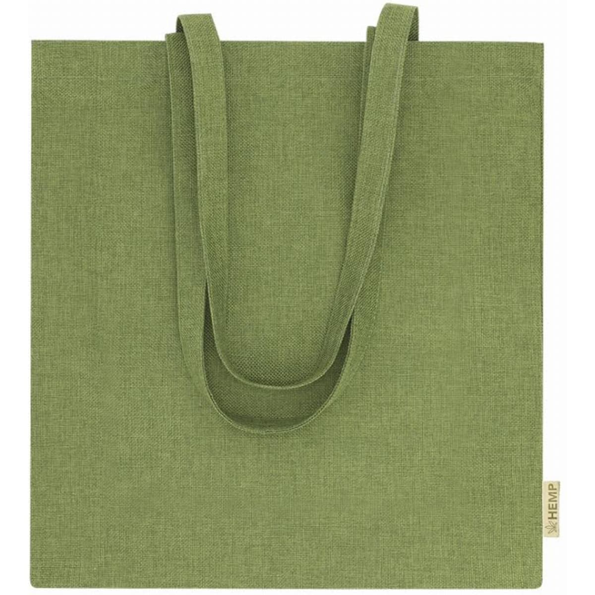 A green tote bag with long handles and a textured fabric finish. It features a small logo on the side.