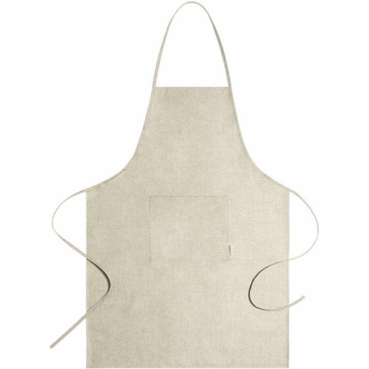A beige apron with a pocket and long ties, featuring a simple design and a neutral colour scheme.