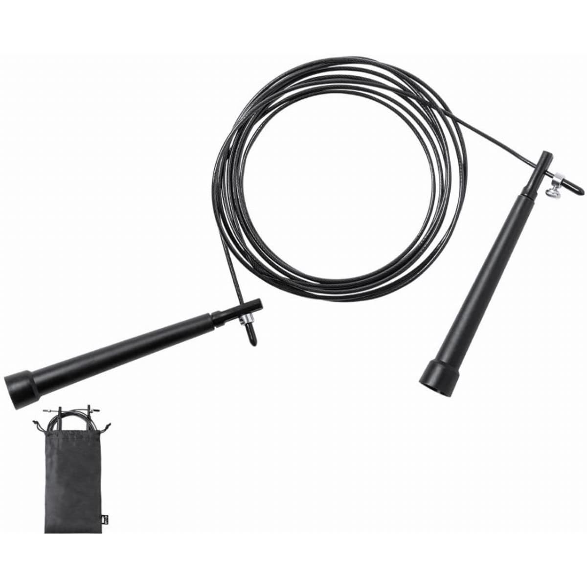 A jump rope with black handles and a coiled black cable, accompanied by a small black carrying bag.