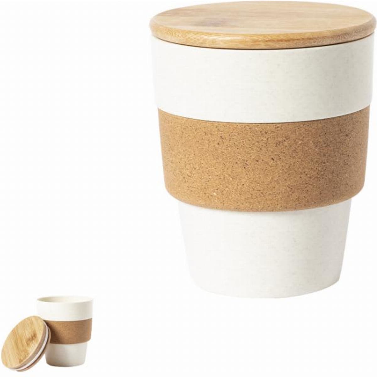 A drink bottle with a white body, cork band, and a wooden lid, featuring a stylish, modern design.