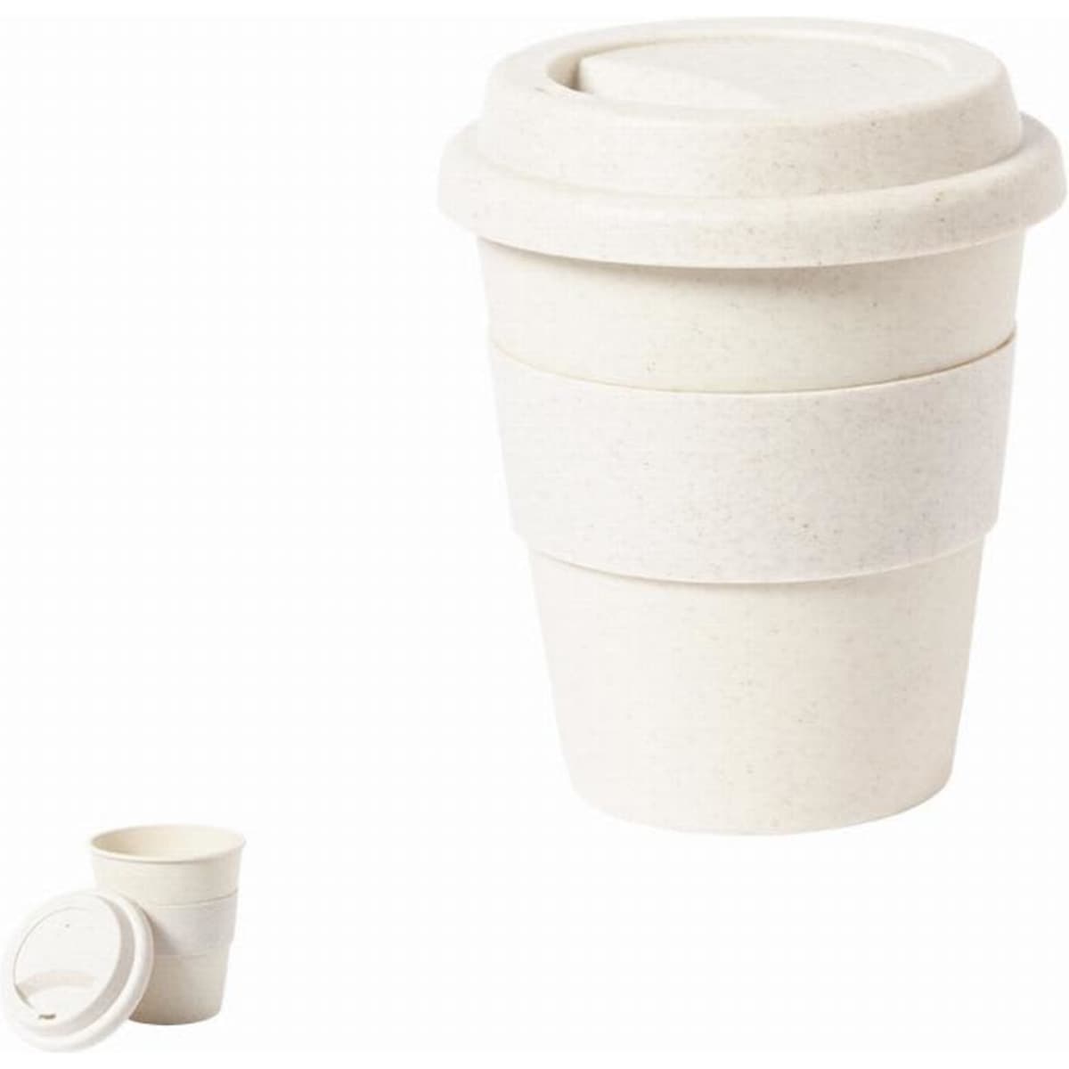 A drink bottle styled as a coffee cup, featuring a white colour with a textured band and a lid. It has a logo.