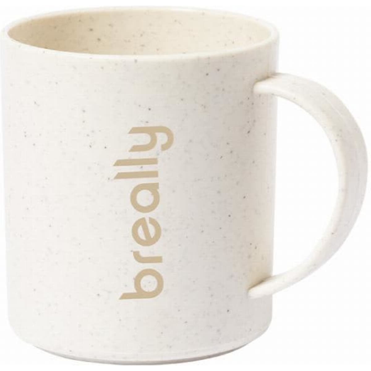 A cream-coloured mug with a textured surface and a handle, featuring a simple brand logo.