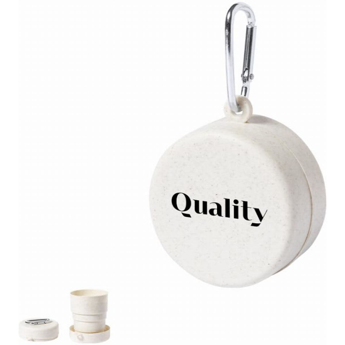 A compact white drink bottle with a carabiner, featuring a branding logo. The bottle collapses for easy storage.