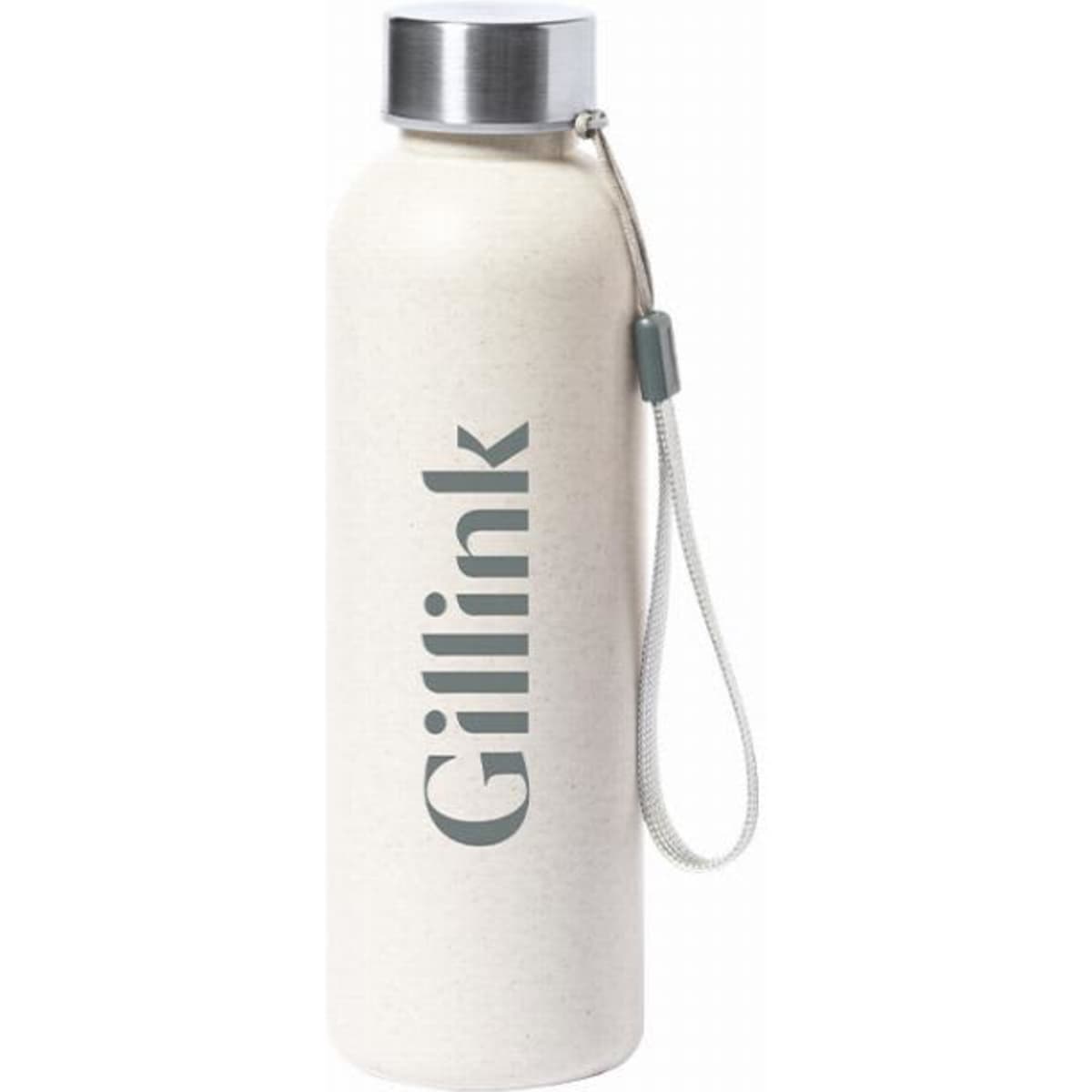 A drink bottle in a cream colour with a silver cap and a grey logo, featuring a strap for easy carrying.