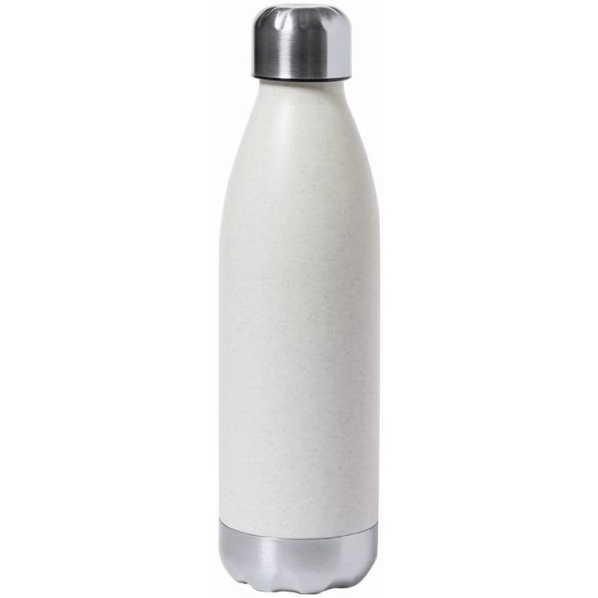 A drink bottle in white with a silver metallic lid and base, featuring a sleek, modern design.