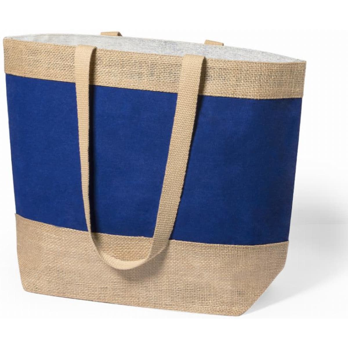 A tote bag featuring a blue canvas body with a jute base and handles. The bag has a simple, stylish design.