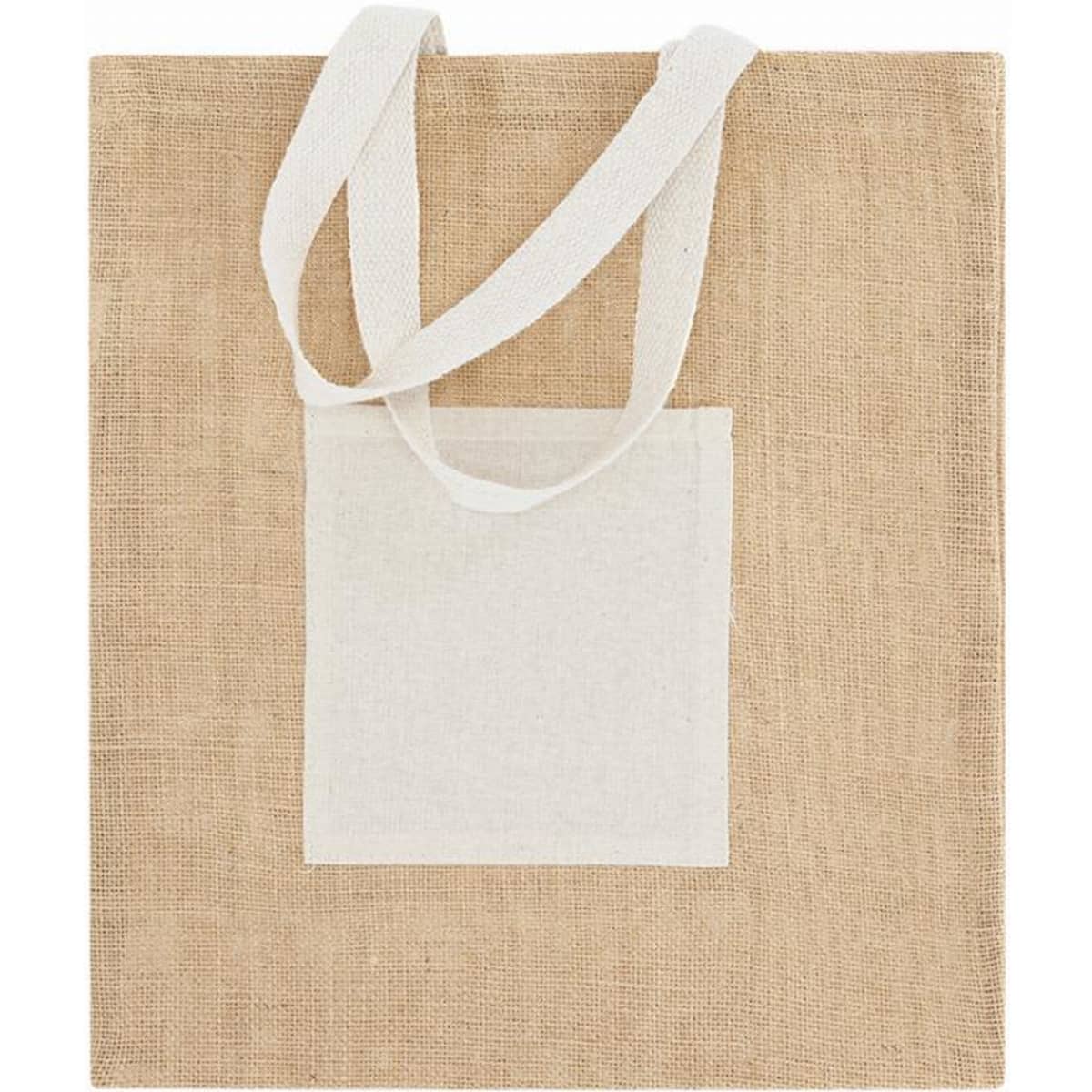 A natural jute tote bag with white handles and a small contrasting pocket on the front.