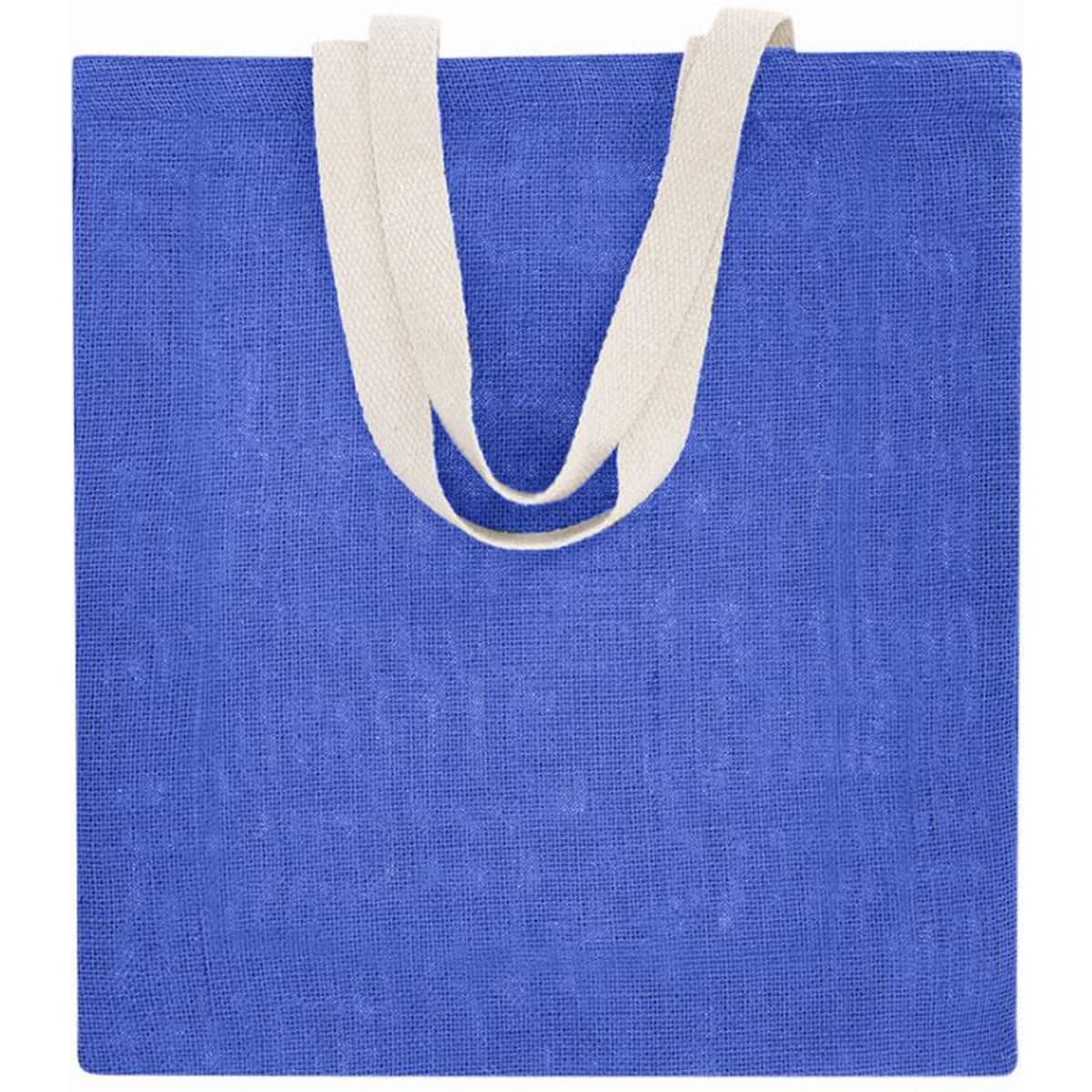 A blue tote bag with beige handles, featuring a simple and unadorned design.