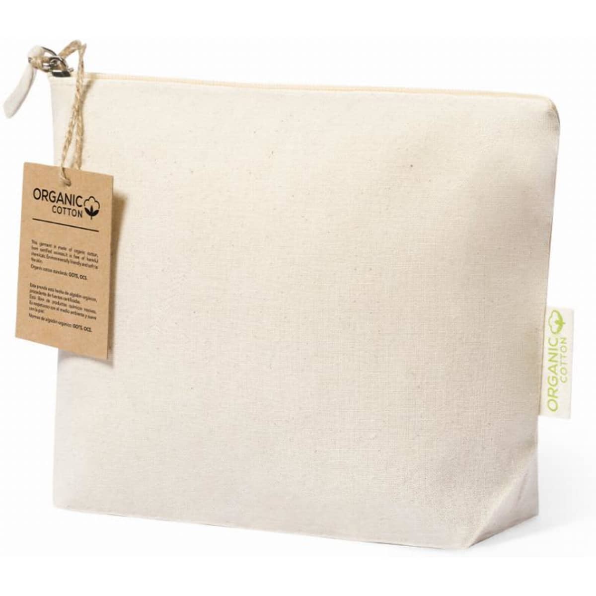 A natural cotton pouch with a zipper, featuring a tag indicating it is made from organic cotton.
