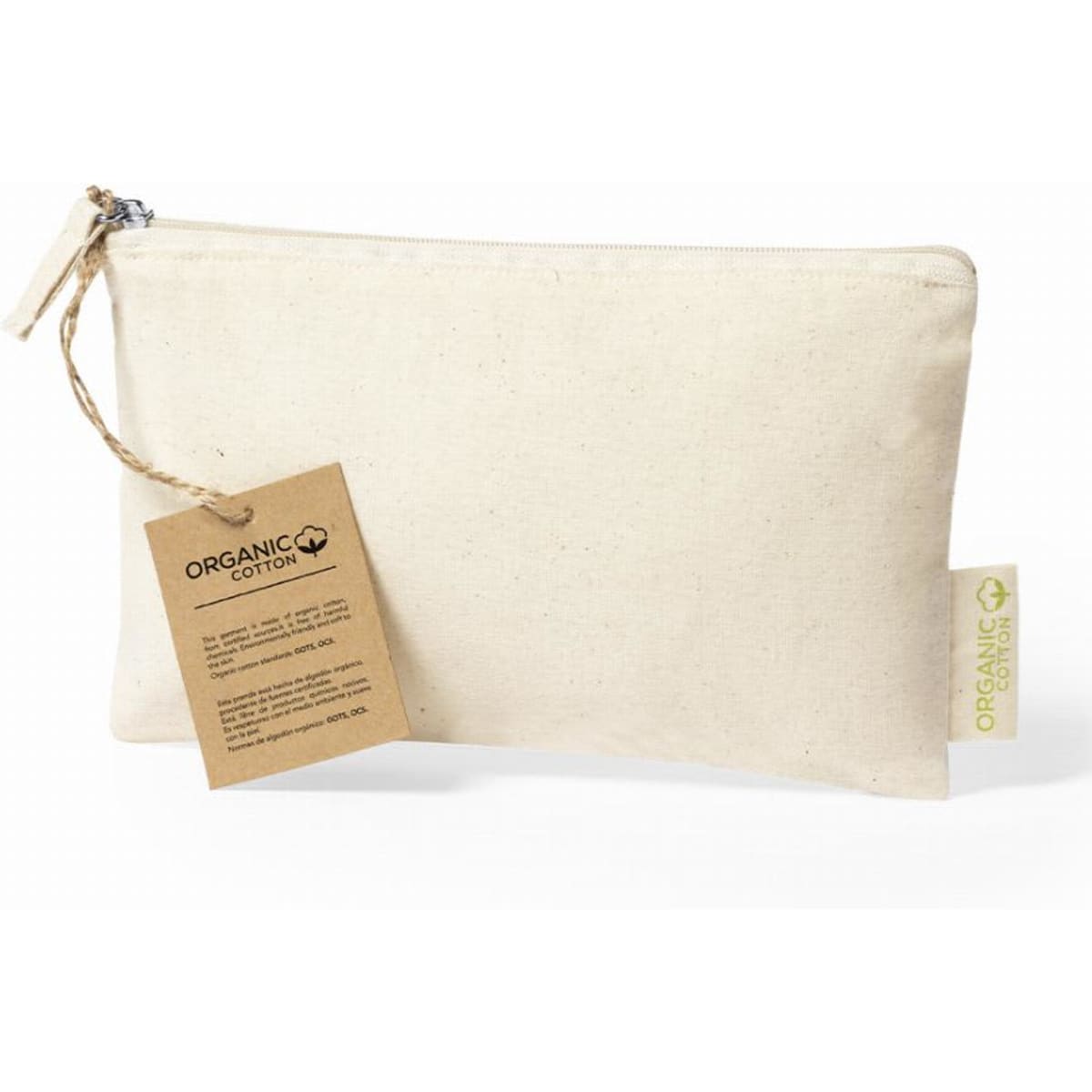 A zippered pouch made of organic cotton, featuring a natural cream colour and a decorative tag.