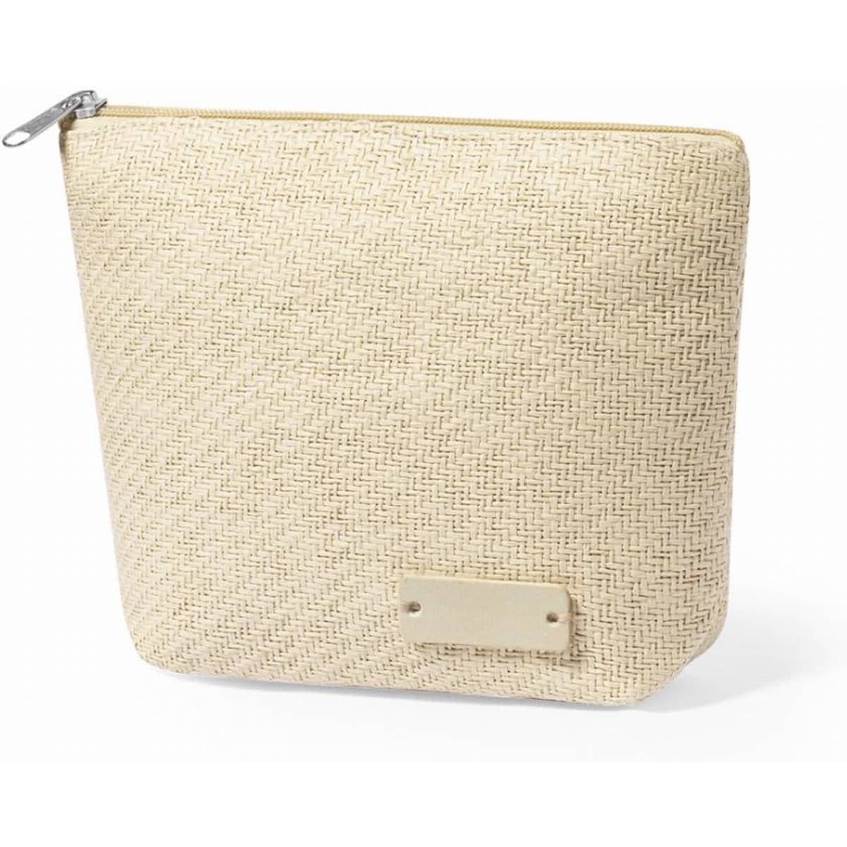 A zippered pouch made from natural beige fabric with a textured design and a branding label.