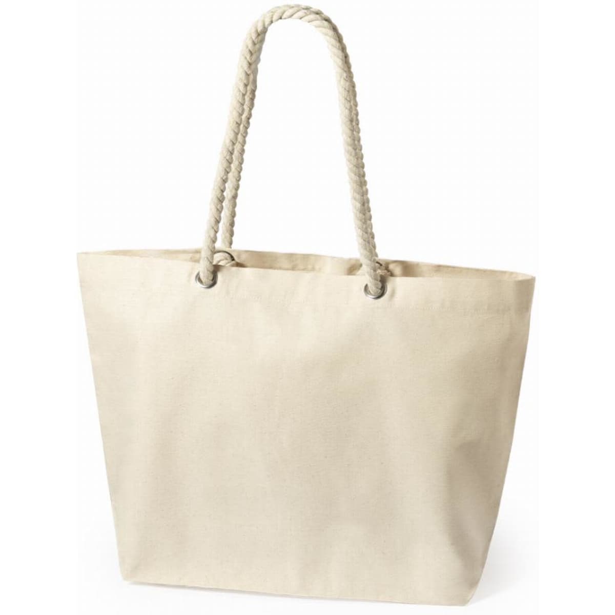 A cream-coloured tote bag with braided handles and an open top. Features a simple and classic design.