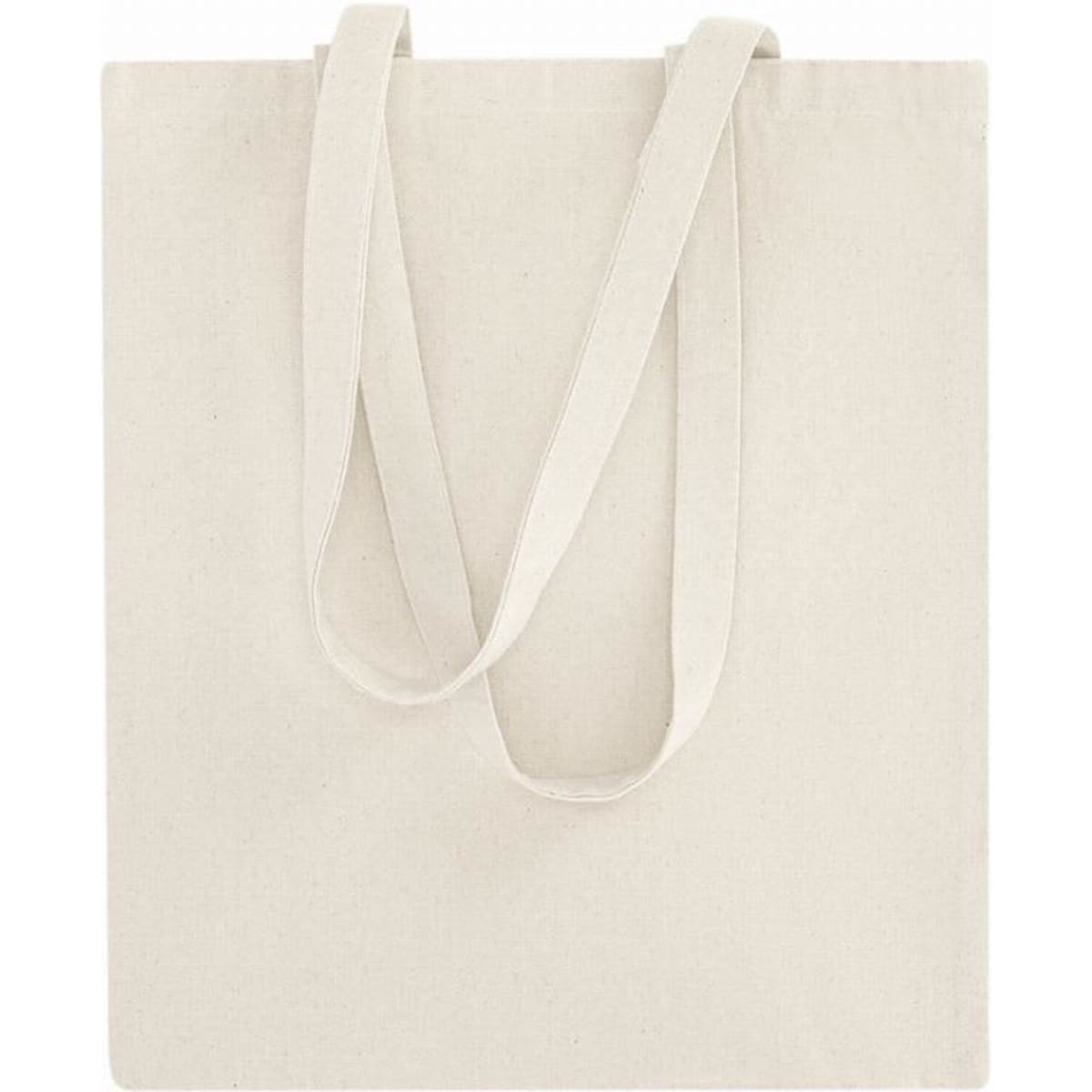 A cream-coloured tote bag with long handles and a simple design. It features a branded logo.
