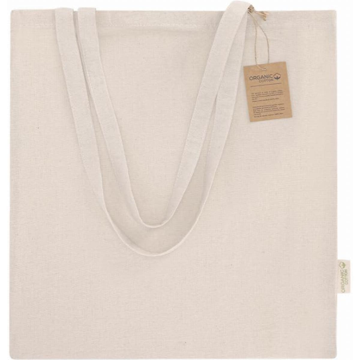 A tote bag in a light, natural cream colour, featuring two straps and a brand tag.