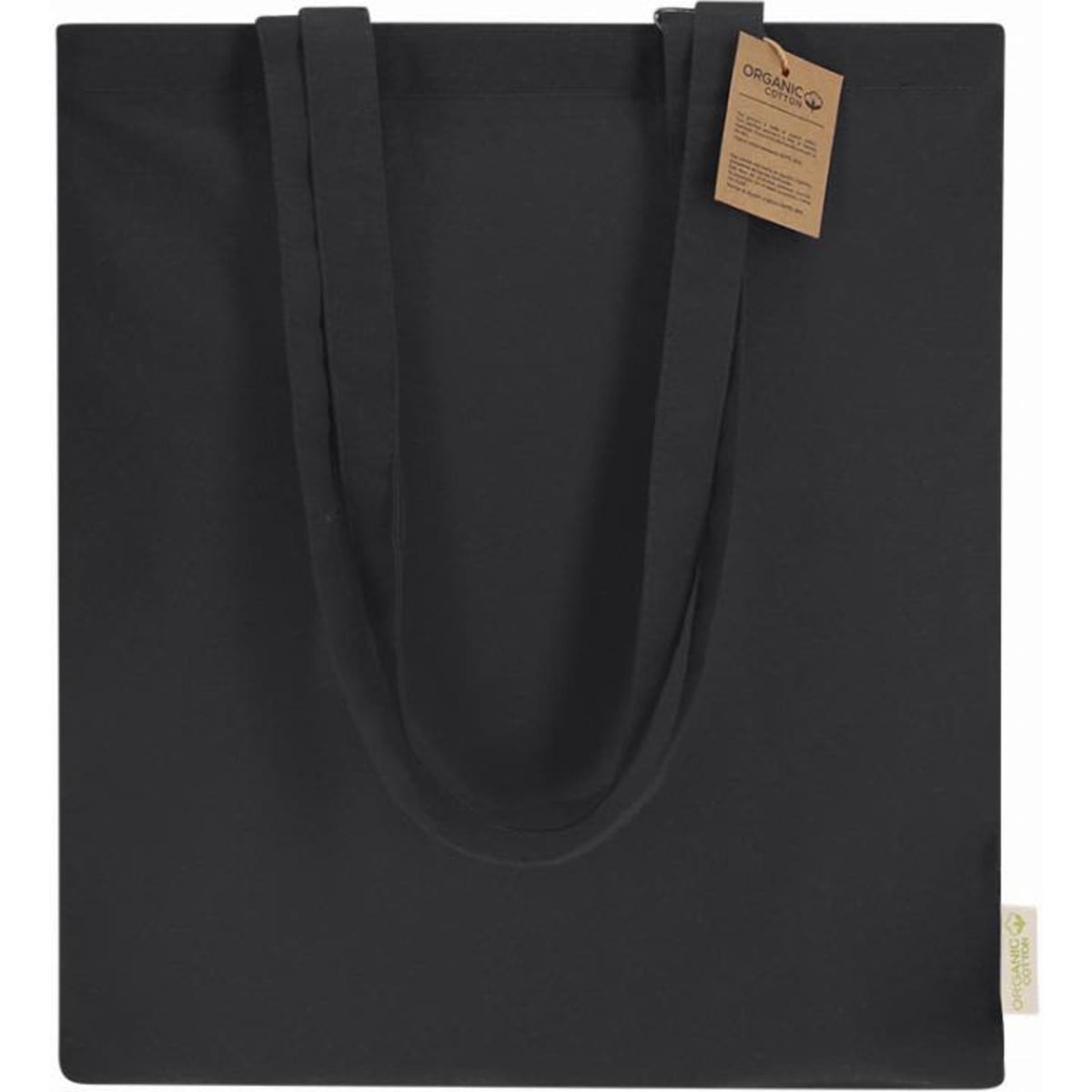 A black tote bag with two handles, featuring a tag attached to one handle and a logo at the base.