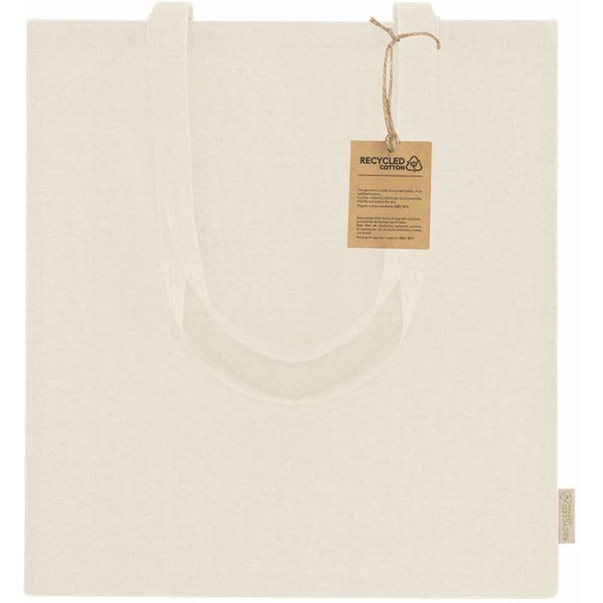A cream-coloured tote bag with two straps and a tag, made from recycled materials.