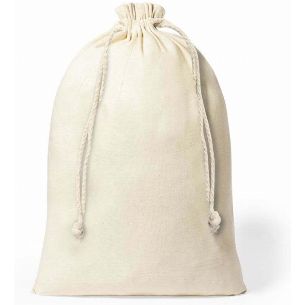 A drawstring bag in a natural cream colour with a simple design and textured fabric.
