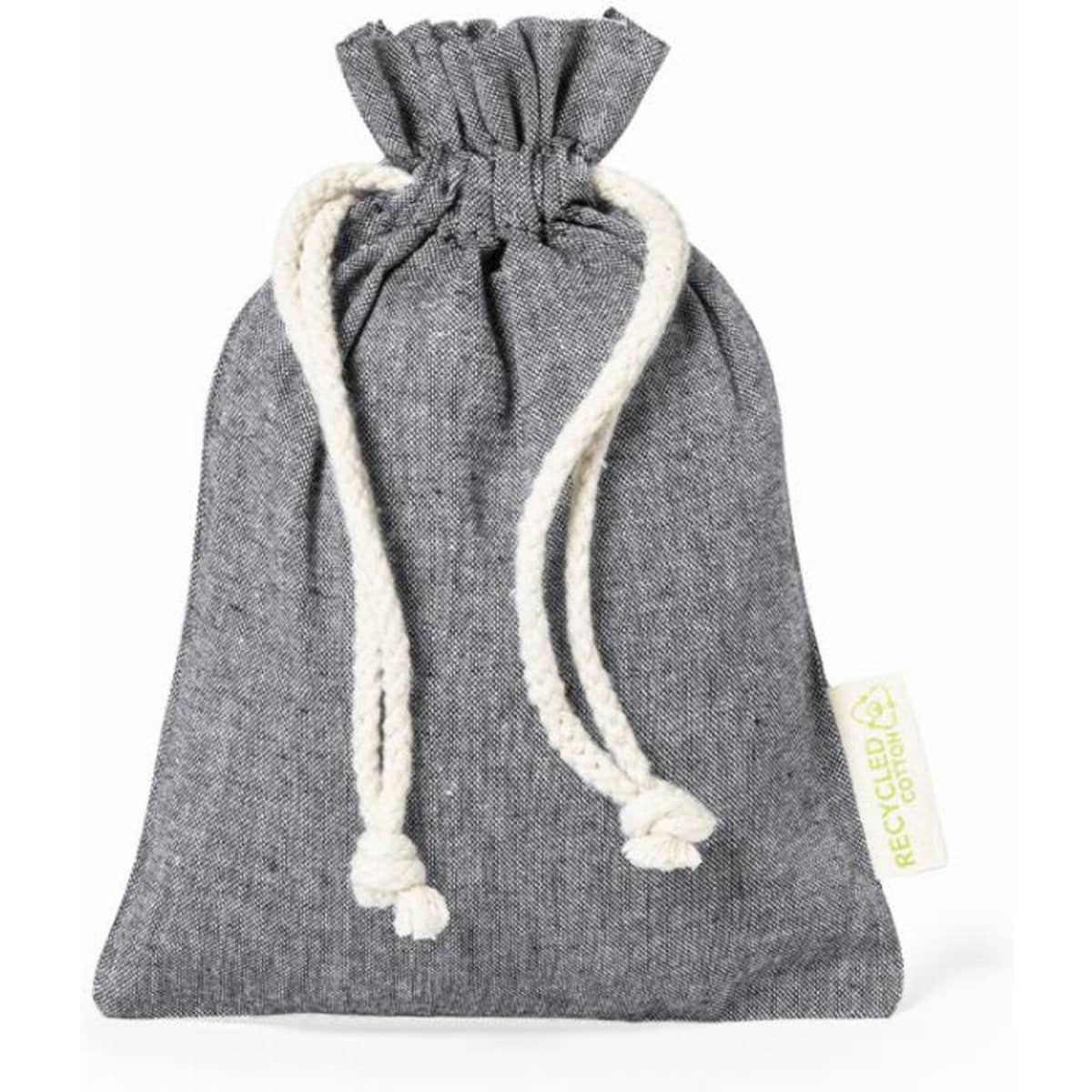 A grey drawstring bag made of recycled material, with a cream-coloured cord for closure and a small label.