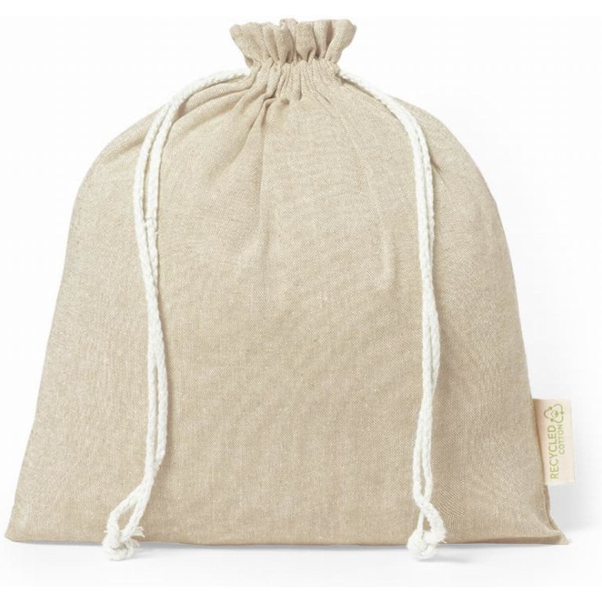 A natural fabric drawstring bag in beige with a gathered top and white cord ties, featuring a small tag.