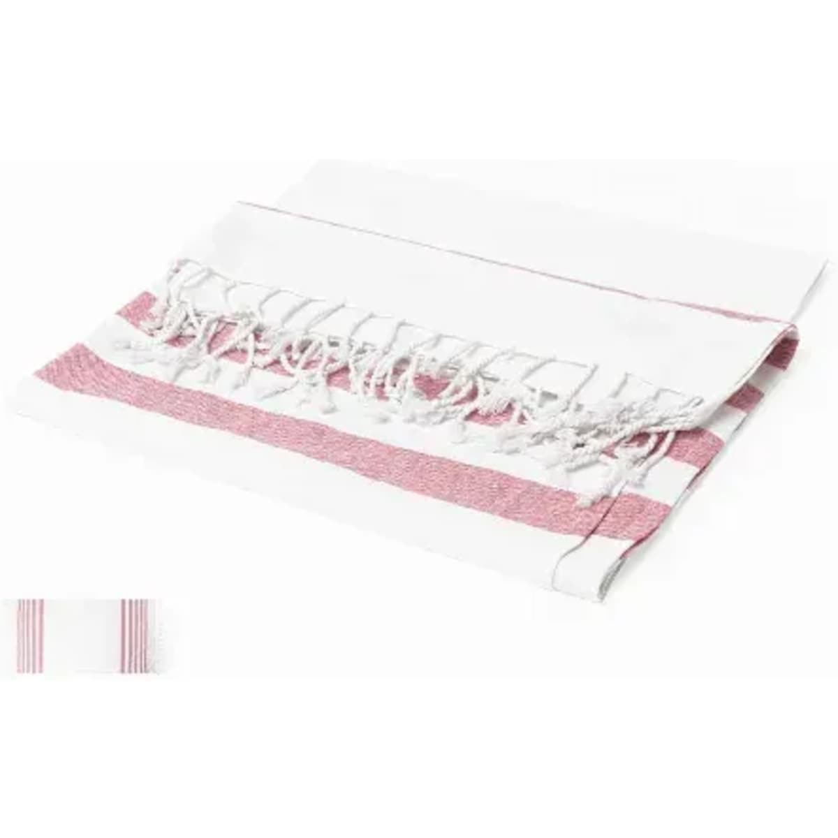 A turkish towel in white with red stripes and fringed edges, displayed folded neatly.
