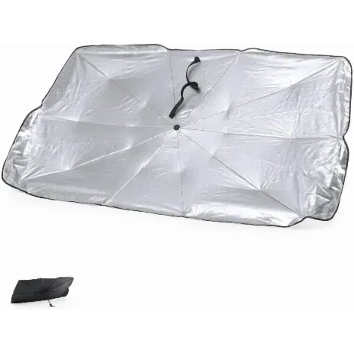 A beach mat in silver with a black trim, folded neatly in a compact size. It features a fastening strap.