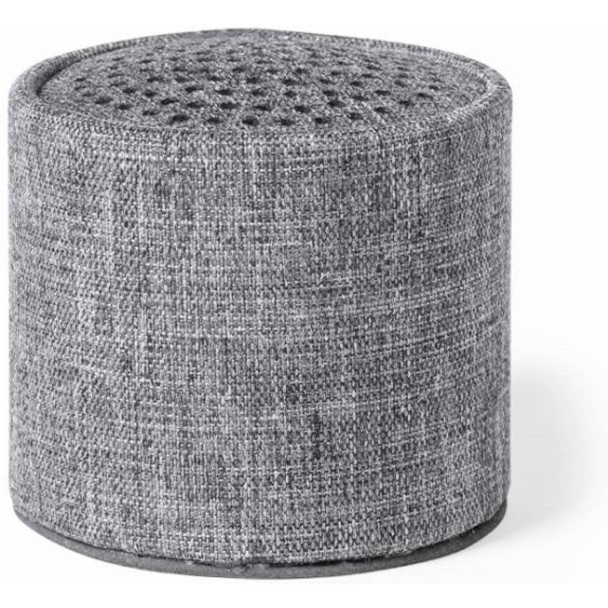 A grey upholstered ottoman with a textured top and circular shape, featuring small holes for ventilation.