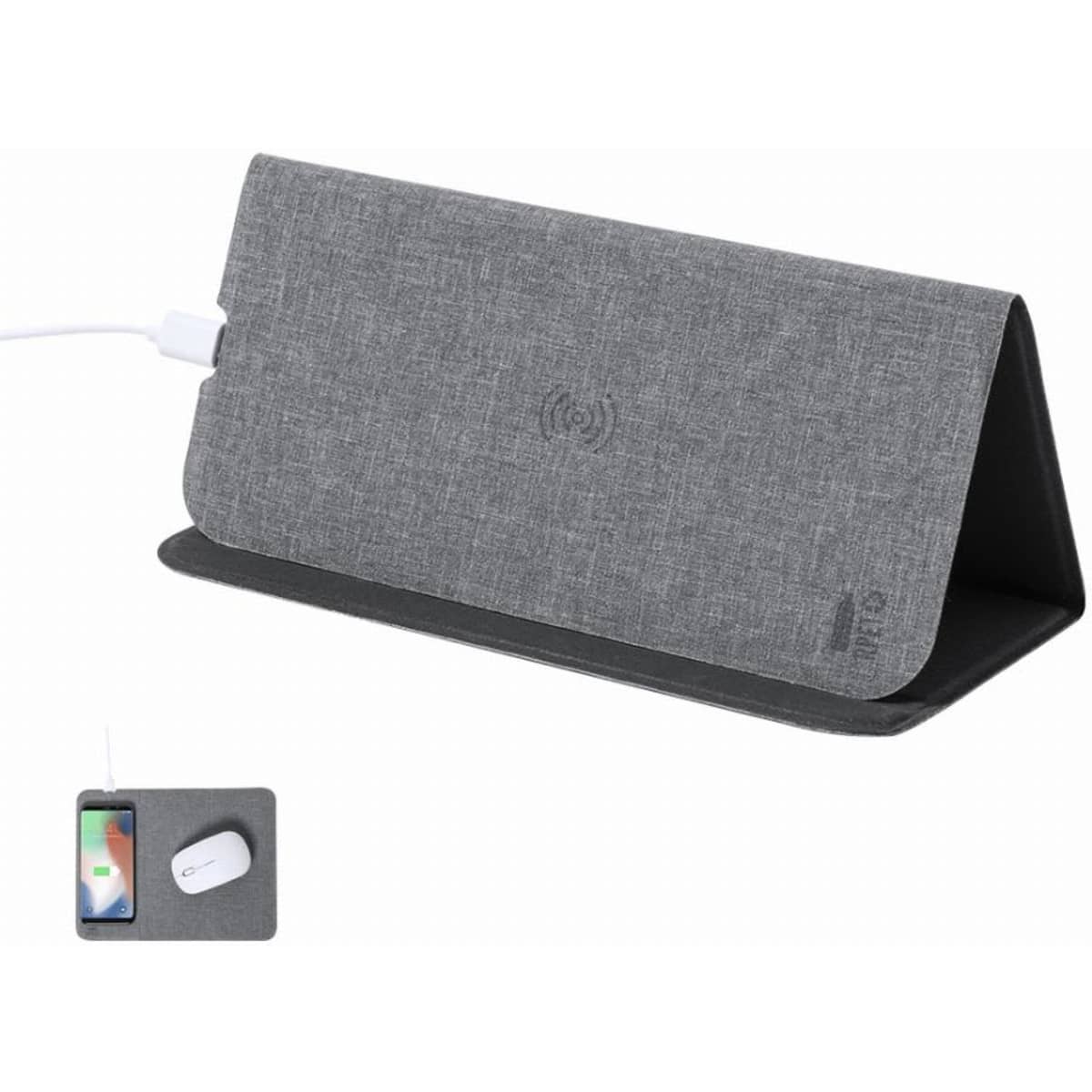 A wireless charging pad in grey fabric with a logo, designed to charge devices like phones and earbuds.