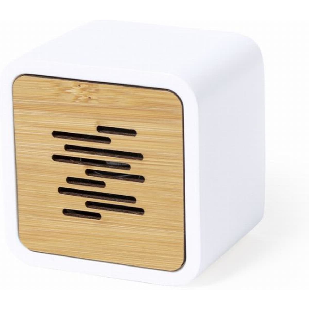 A speaker featuring a white casing with a bamboo front, showcasing a minimalist design.