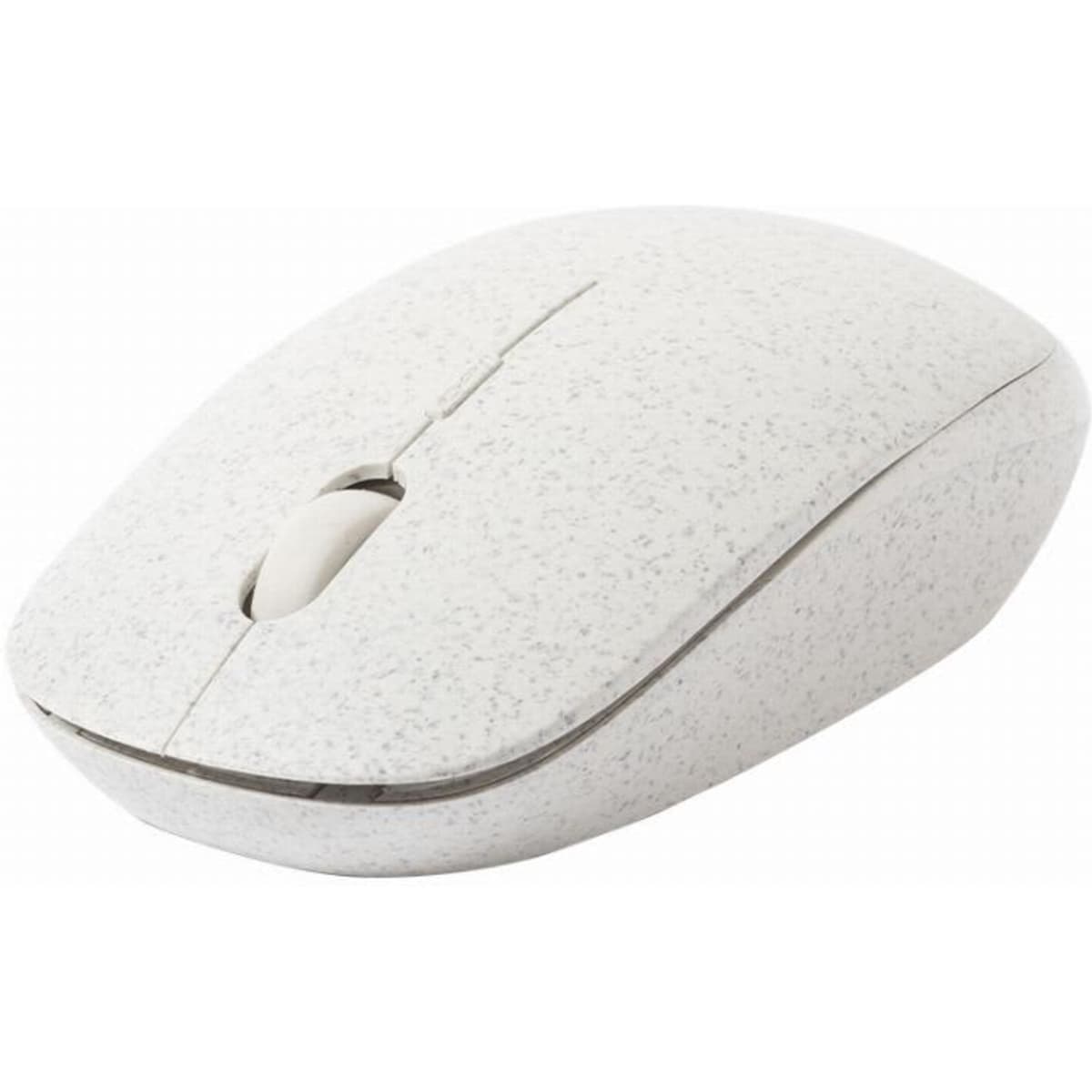 A computer mouse in a speckled light grey design with a simple, sleek shape and a scroll wheel.