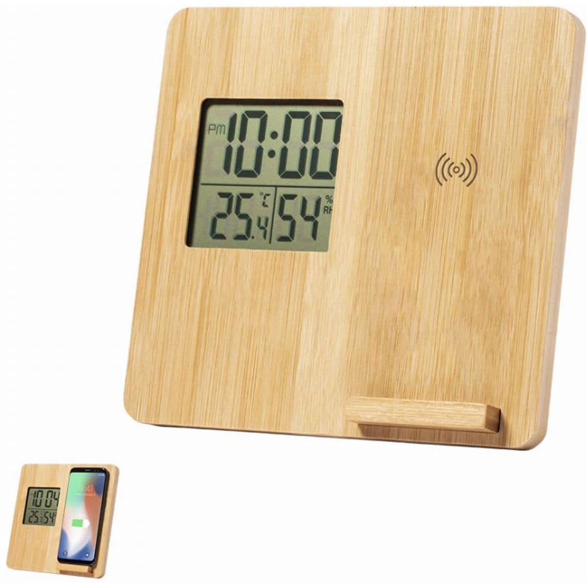A wooden clock with a digital display showing the time and temperature, featuring a wireless charging pad.