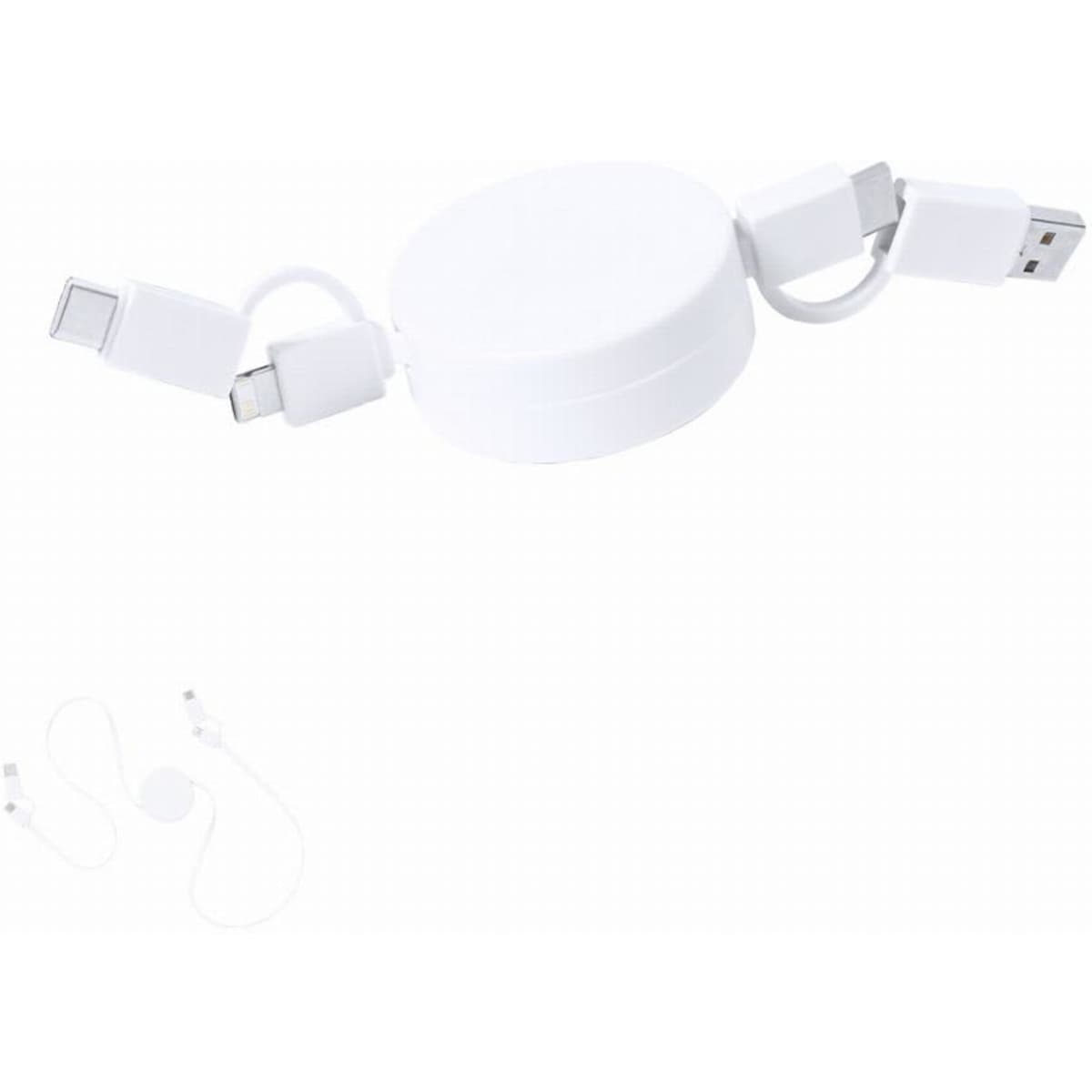 A compact white charging cable with multiple connectors, coiled for easy storage. Includes earbuds below.