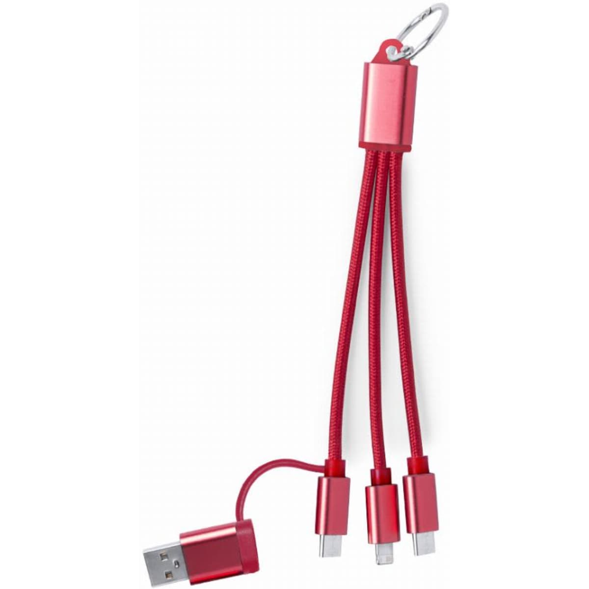 A red multi-cable with USB and other connector types, featuring a keyring for easy attachment.