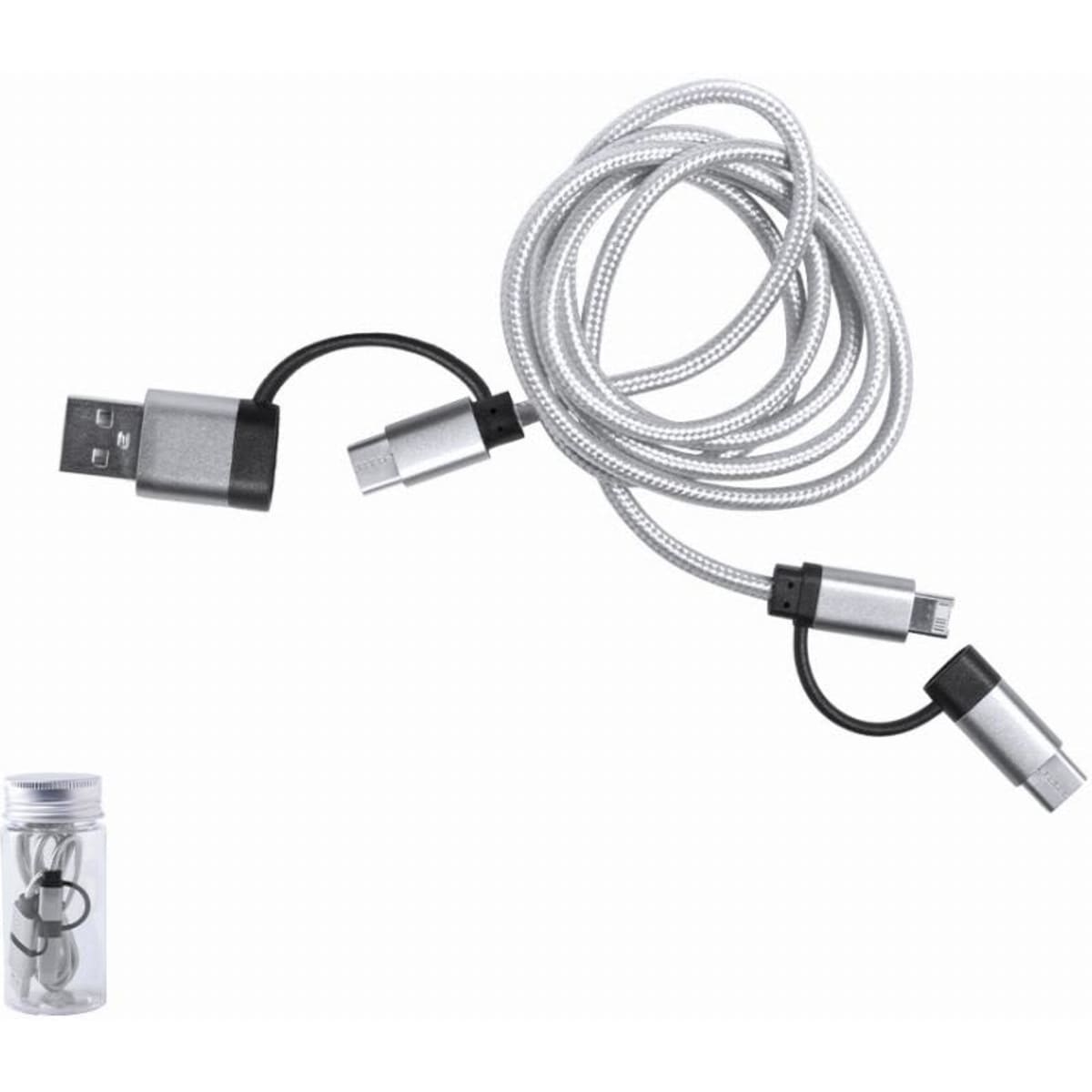A charging cable with multiple connectors, featuring a braided silver design, presented in a transparent storage container.