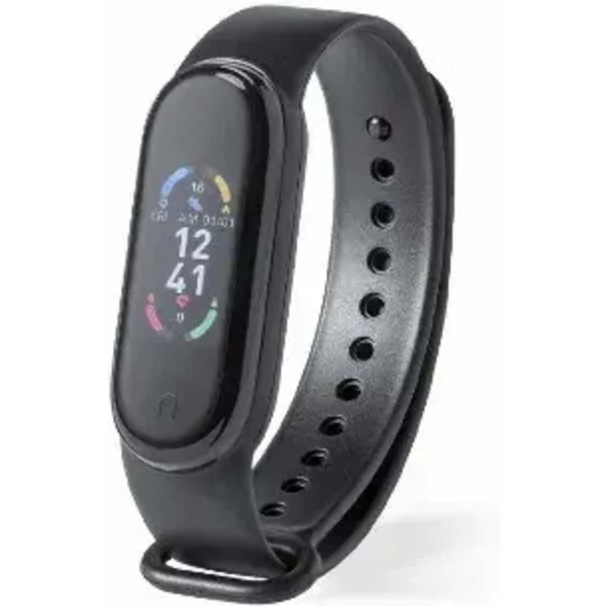 A fitness tracker with a black band, featuring a sleek display showing various readings and a logo.