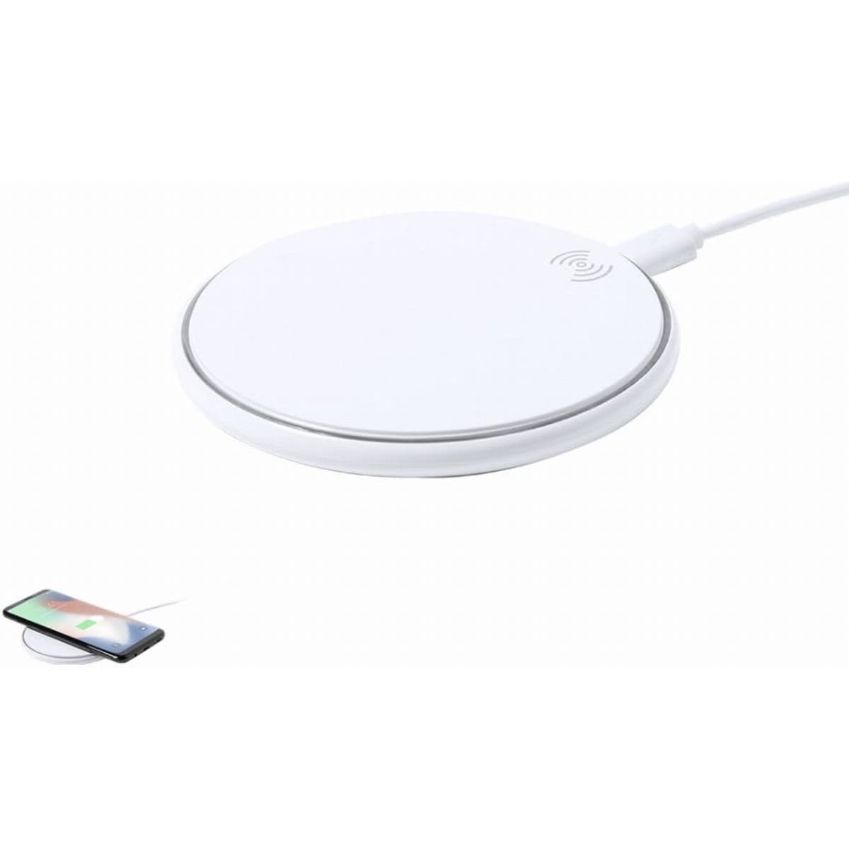A white wireless charging pad with a sleek circular design, featuring a cord for power connection.