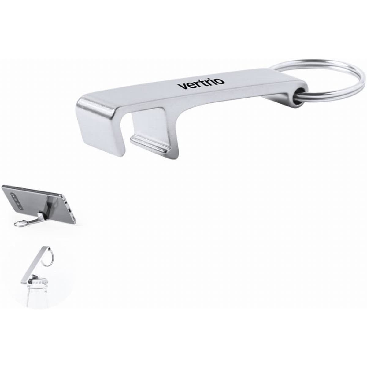 A bottle opener tool made of silver metal, featuring a keyring attachment and a logo design.