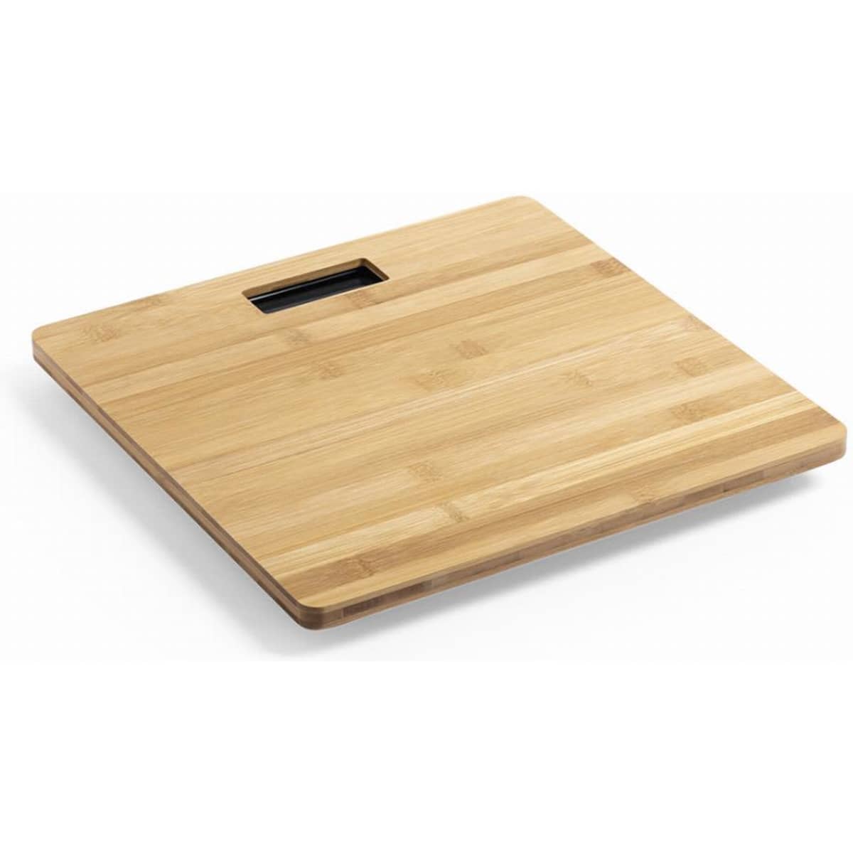 A bamboo chopping board with a square shape and a cut-out handle. It features a natural wood finish.