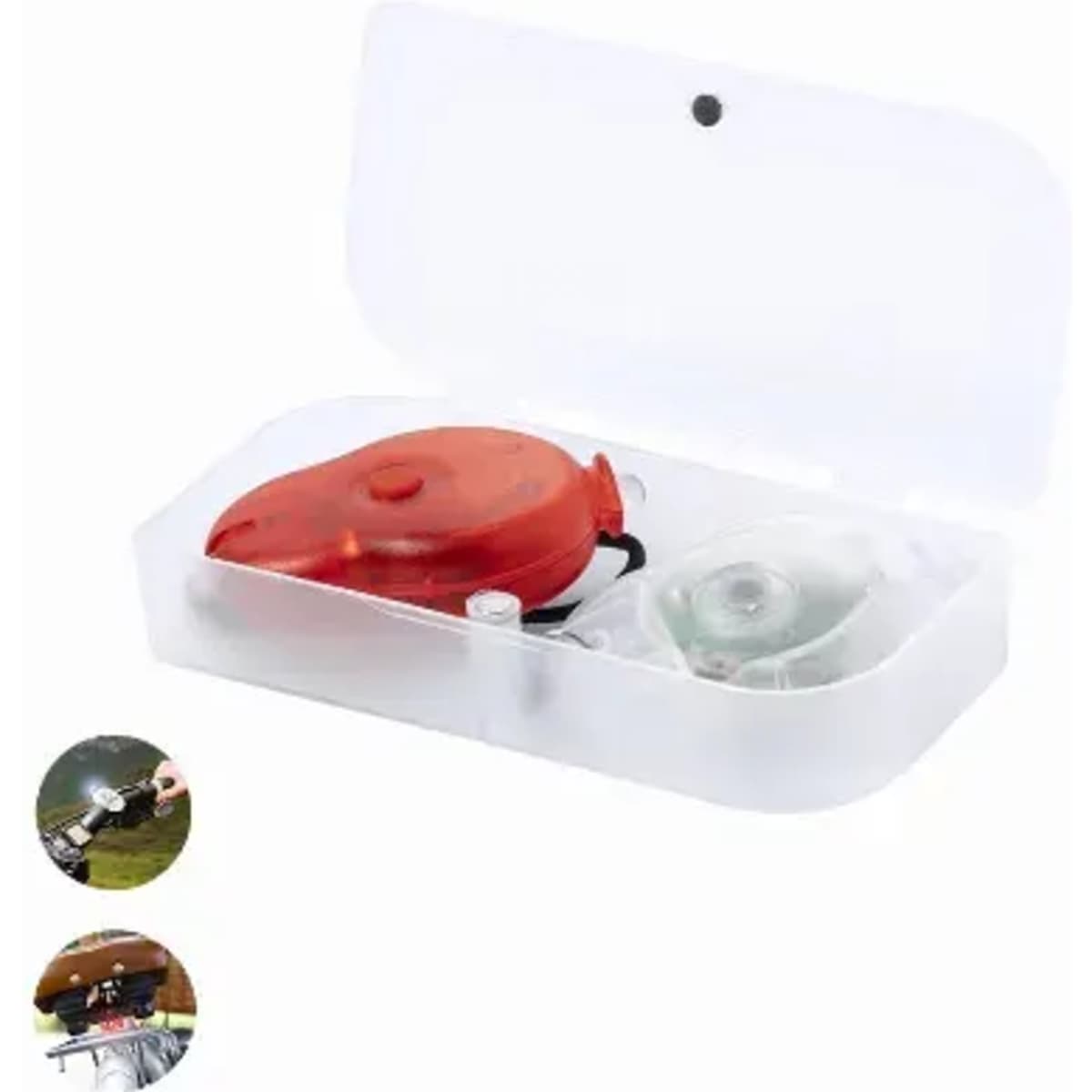 A transparent storage case containing a red swimming accessory and a white item, with a logo visible on the case.