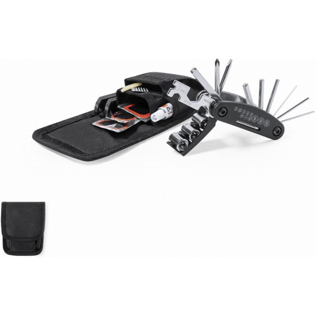 A multi-tool with various tools and a black carrying case. It features a compact design and several attachments.