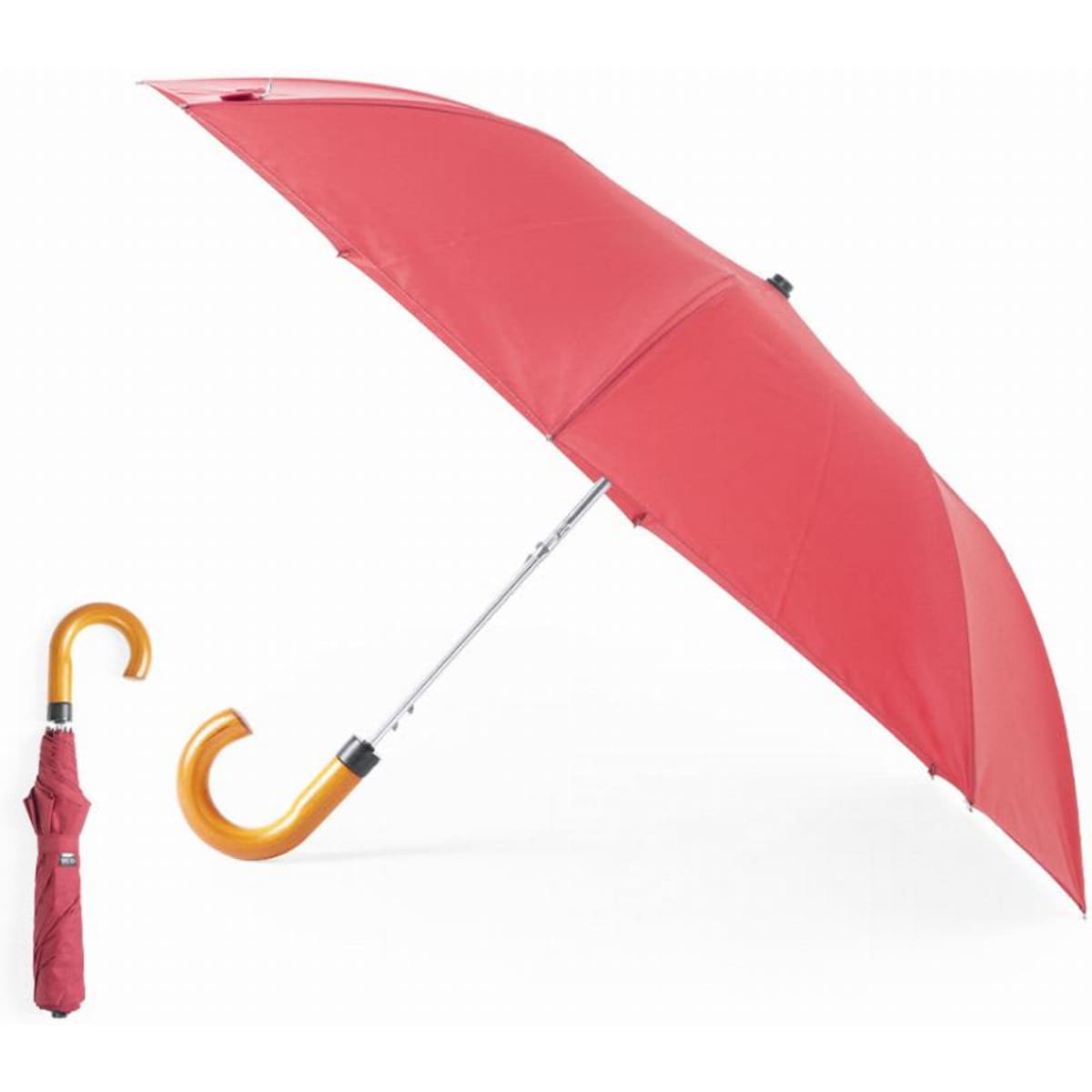 A pink umbrella with a curved orange handle, alongside a folded version of the same umbrella.