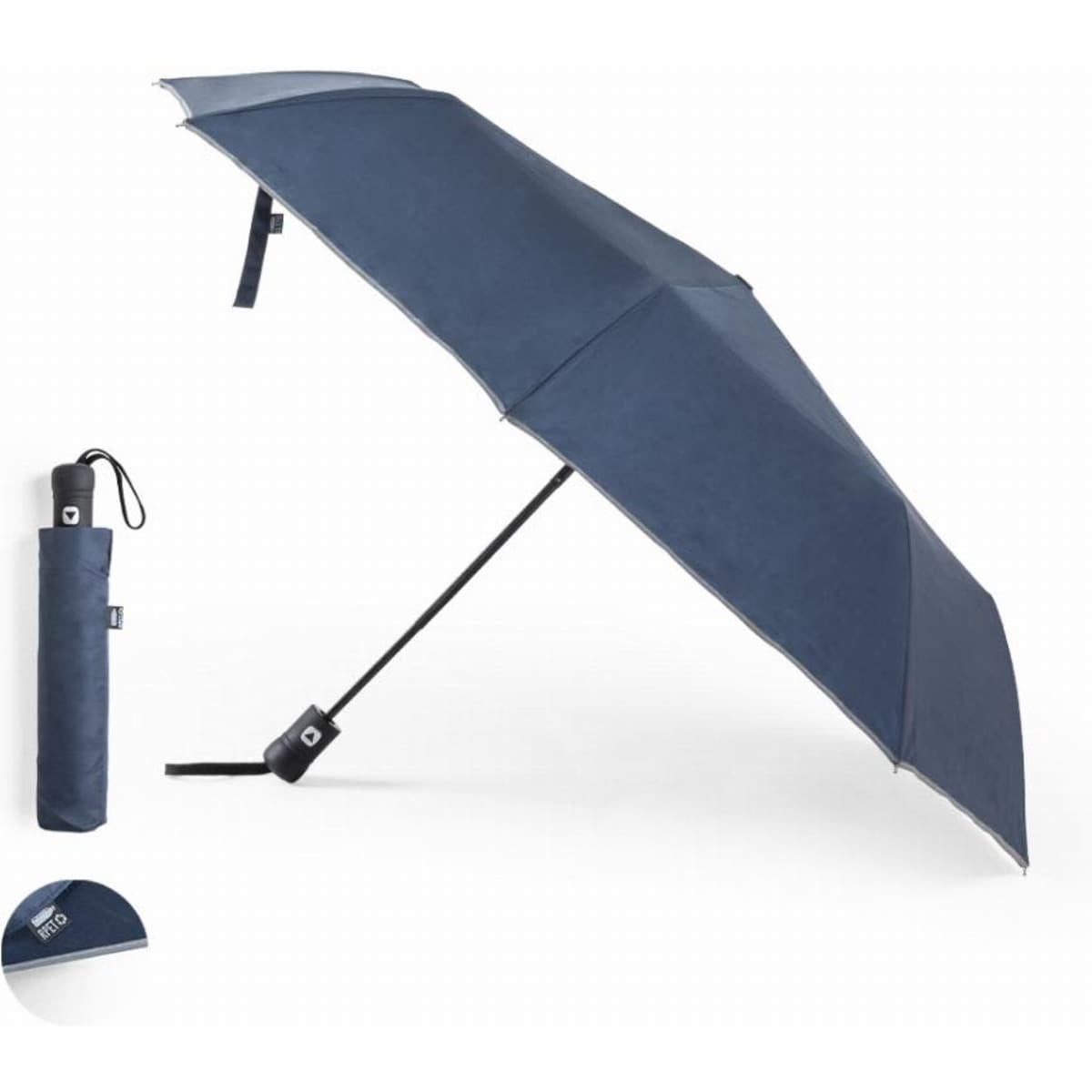A navy blue umbrella with a matching carrying sleeve, showcasing a sleek and compact design.