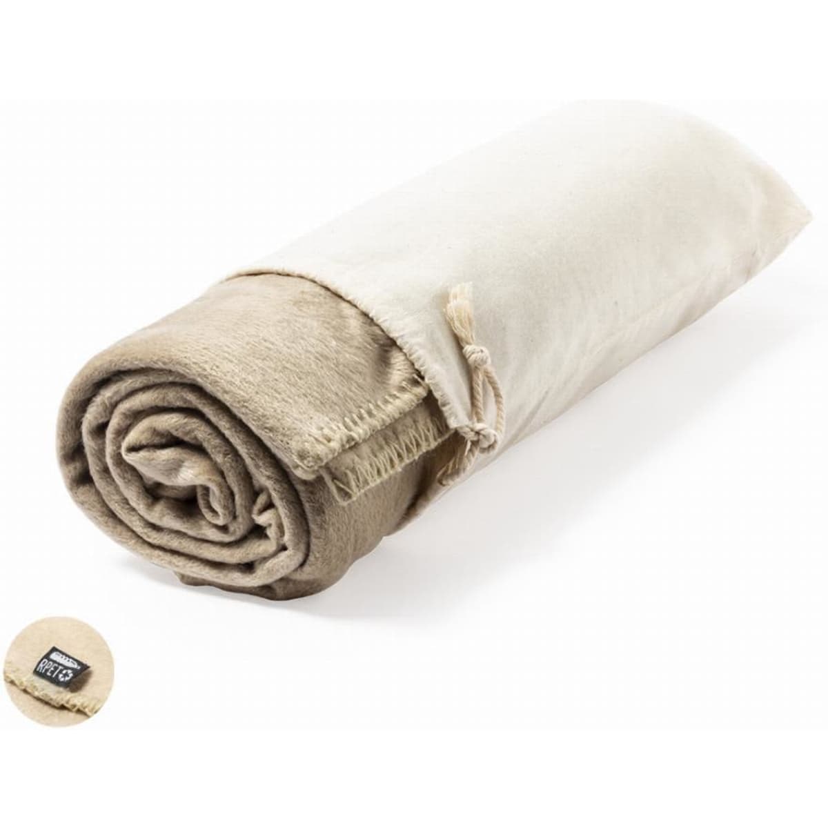 A rolled-up blanket in beige and cream, secured with a string, featuring a small logo on the corner.