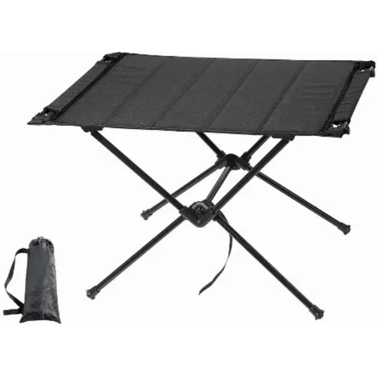 A portable black folding table with a compact carrying bag, designed for easy storage and transport.