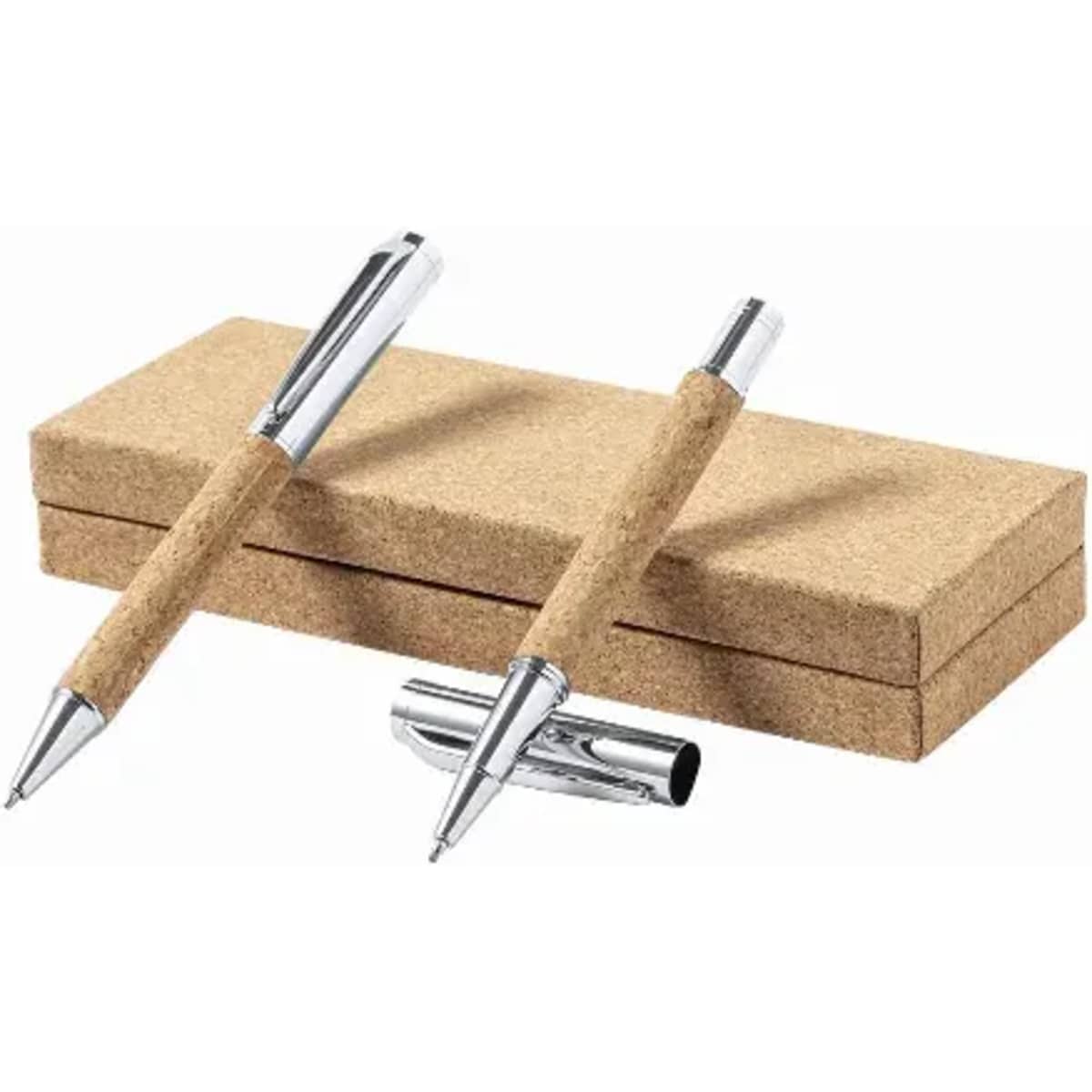 A pen set featuring two pens with cork grips and chrome accents, presented in a matching cork box.