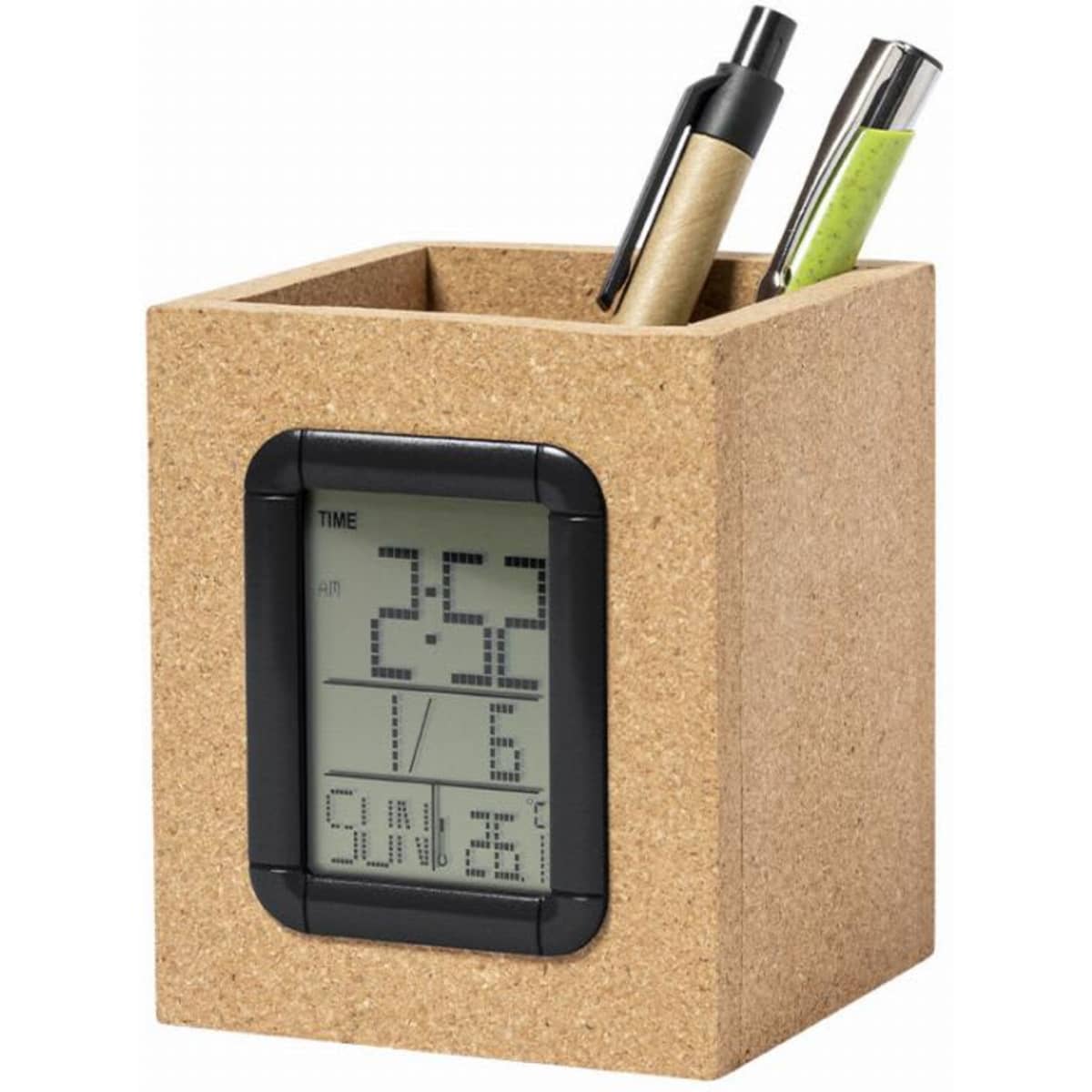 A cork desk organiser with a digital clock display, holding pens and pencils. Black accents complement the natural cork finish.