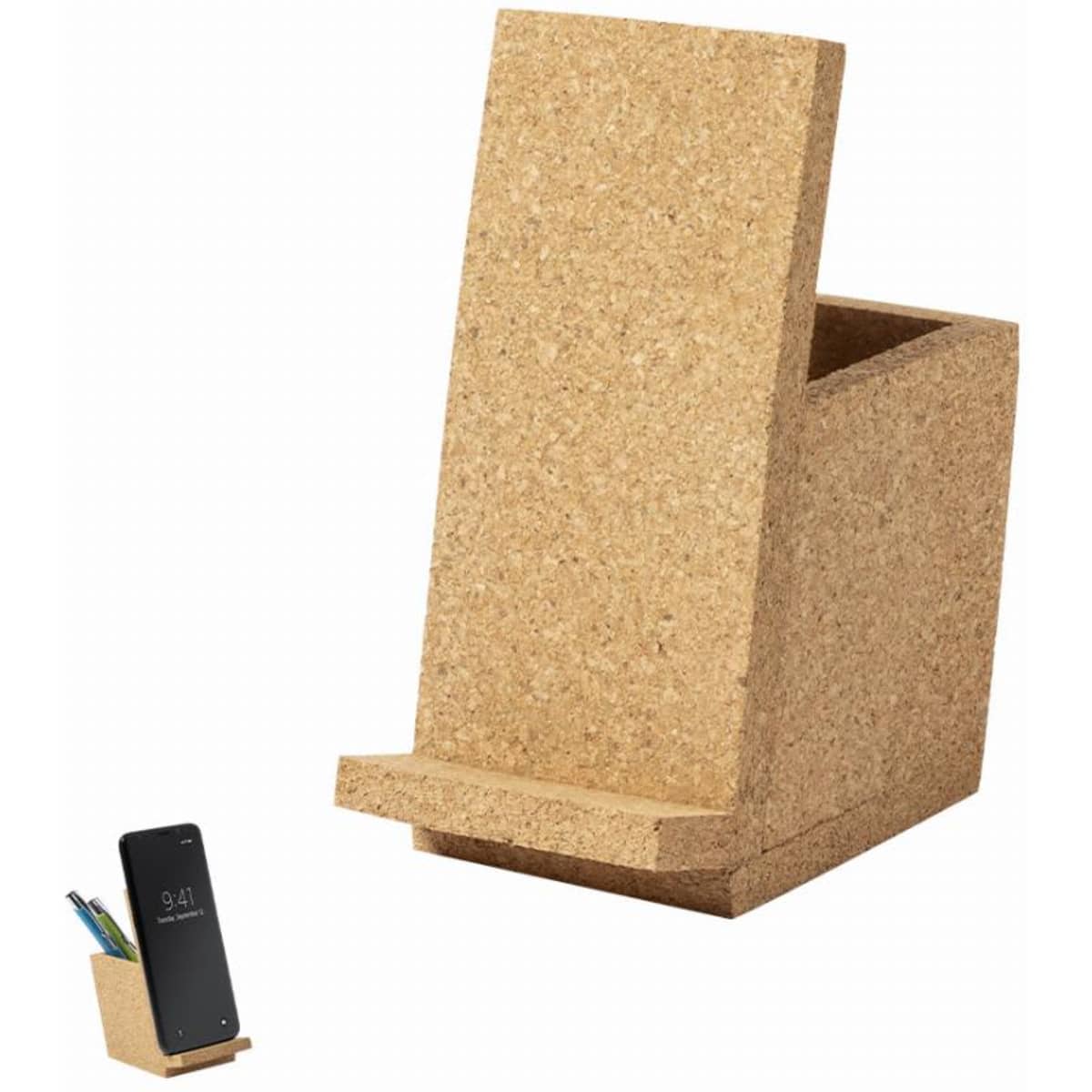 A cork desk organiser with a compact design, featuring a pencil holder and a slot for a phone.