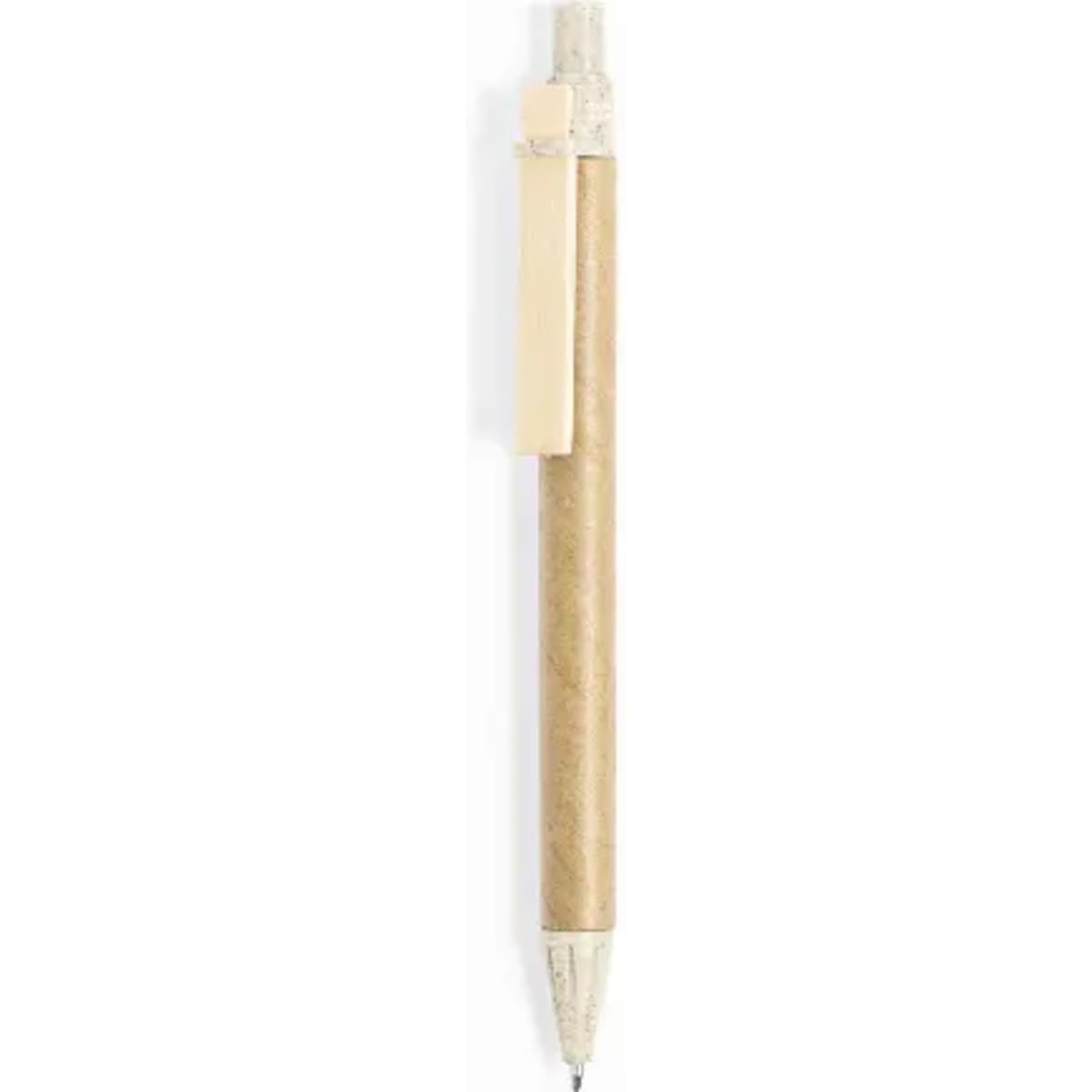 A pen made of natural wood with a silver tip and a clip, featuring a minimalist design and a rustic appearance.